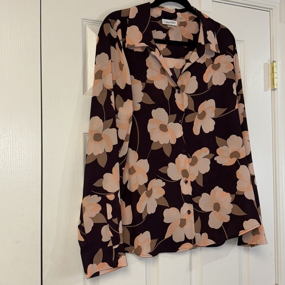 Calvin Klein purple tan floral button down business casual office work top XL - Picture 2 of 8